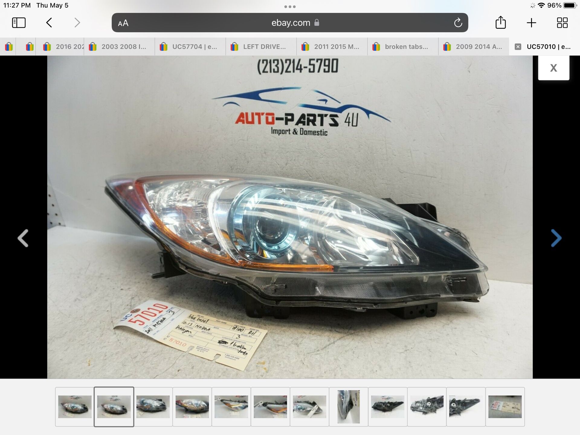 2010 - 2013 MAZDA 3 RIGHT PASSENGER HALOGEN HEADLIGHT 2011 - 2012 OEM UC57010