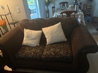 Brown Floral Fabric Loveseat Sofa and Long Sofa
