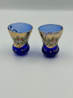 2 Venetian Cobalt Blue Hand Painted Cordial Glasses