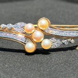 Jewelry Antique 14k solid Yellow Gold bangle natural diamonds pearls 0.70CTW 7.00” 20.9 grams 5.80mm