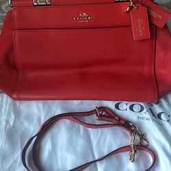 Coach Hand Bag with shoulder Strap- Red Leather, Gold Trim-Selena Gomez Edition