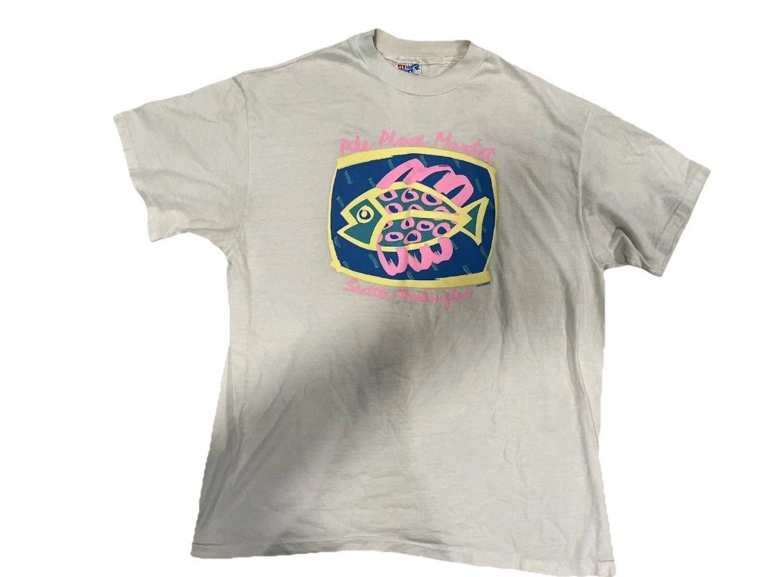 Pike Place T-Shirt Seattle Public Market Seafood Fish Tee Top Vintage 90s Large