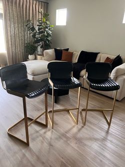 Set of 3 Black & Gold Modern Bar / Counter Stools