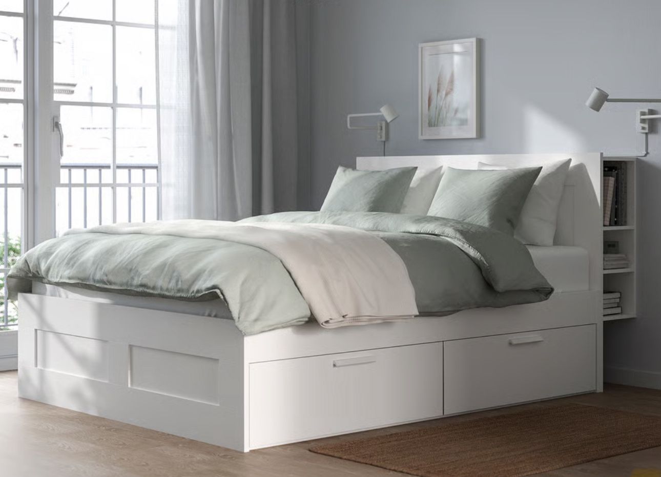 BRIMNES Bed Frame with Storage & Headboard, White, King & mattress