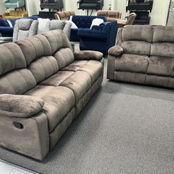New Reclining Couch  / Love Seat .  Chocolate Padded Suede .  Free Delivery !
