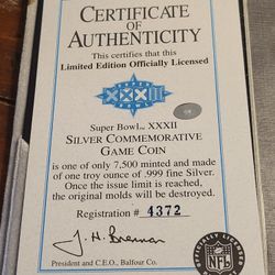 COA SILVER GAME COIN SUPERBOWL XXXII
