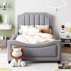 Twin Size Upholstered Bed with Belgrave Headboard, Low Platform Bed Frame with Rails, Kids Velvet Daybed with Slats Support for Girls Boys Teens, Gray