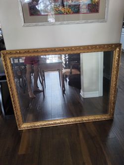 Large Gold Ornate Framed Wall Mirror with Beveled Edges