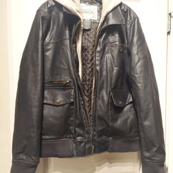 AMERICAN RAG BLACK LEATHER JACKET WITH/BUILT IN HOODIE ( SIZE XLARGE )
