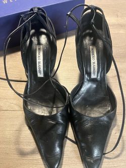Manolo Blahnik Black Leather Strappy Heels size 37.5