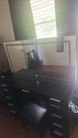 Vanity Desk Set Large LED Mirror & Power Outlet Makeup Vanity 11 Drawers And Magnifying Glass Vanity Table With Power Outlet & Storage Bench 3 Color &