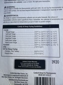 Mainstays Candy & Deep Fry Thermometer - New in Package - OBO