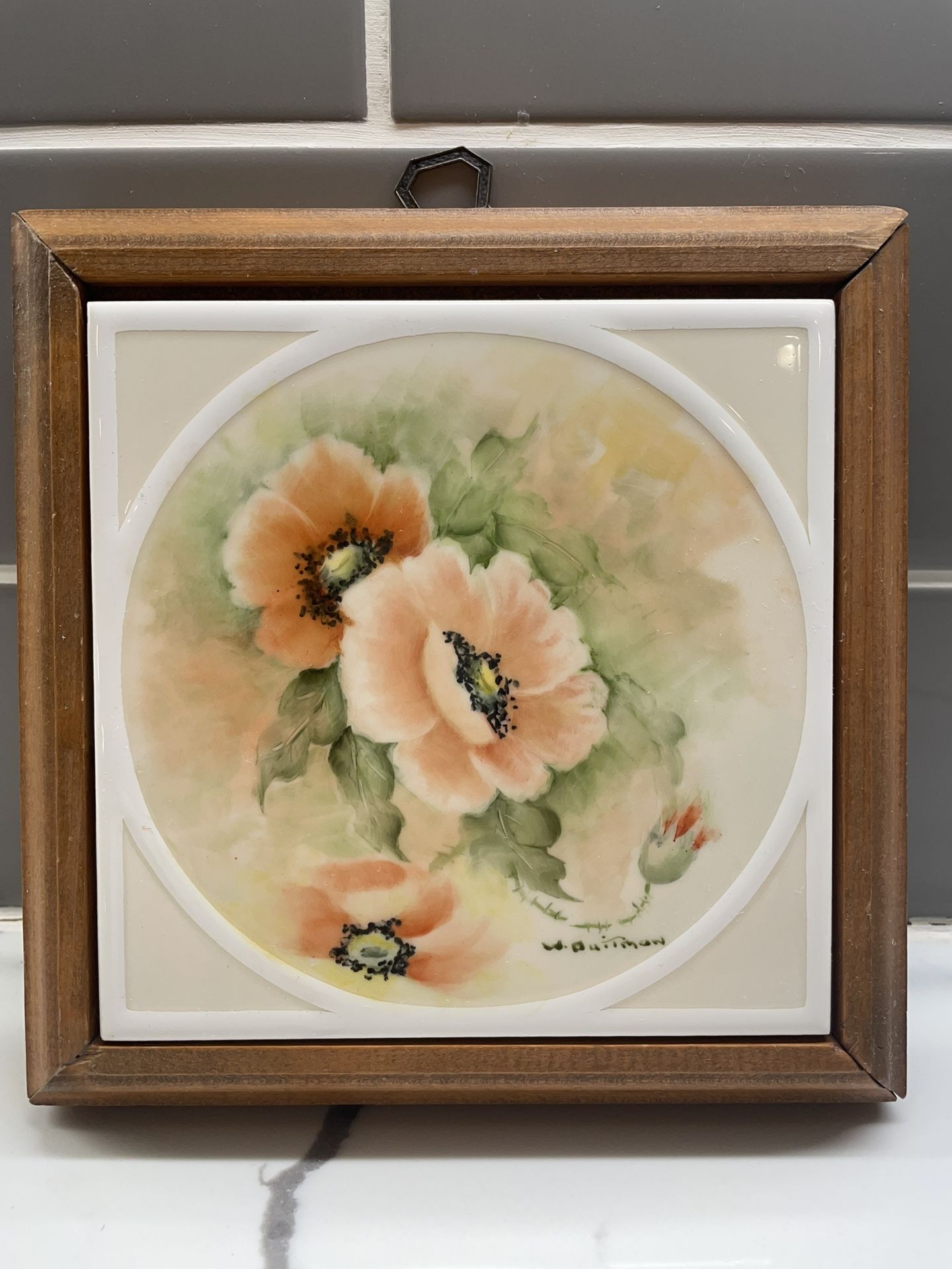 Vintage Wooden Key Holder Box With Hand painted Ceramic Top