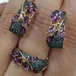 3-Pcs Multicolor 14K Rose Gold Plated Cubic Zirconia Earrings & Ring Size 10 Set