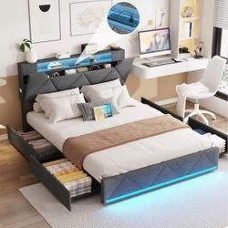 Queen Size Storage Bed Frame with LED Headboard and Charging Station
