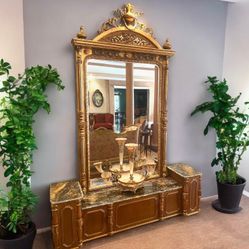 Custom Elegant Vintage Rococo French Italian wood Marble Top Entry way Console w/ Large Mirror