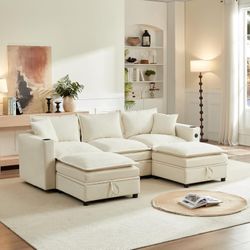 92" Cloud Sectional Sofa with Storage Ottoman, Chenille L Shaped Couch for Living Room, White