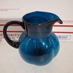 Vintage Hand Blown Blue Glass Pitcher Vase Riged Baloon Bottom 7" 