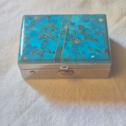 Vintage Small Turquoise Top  Silver Pill Box