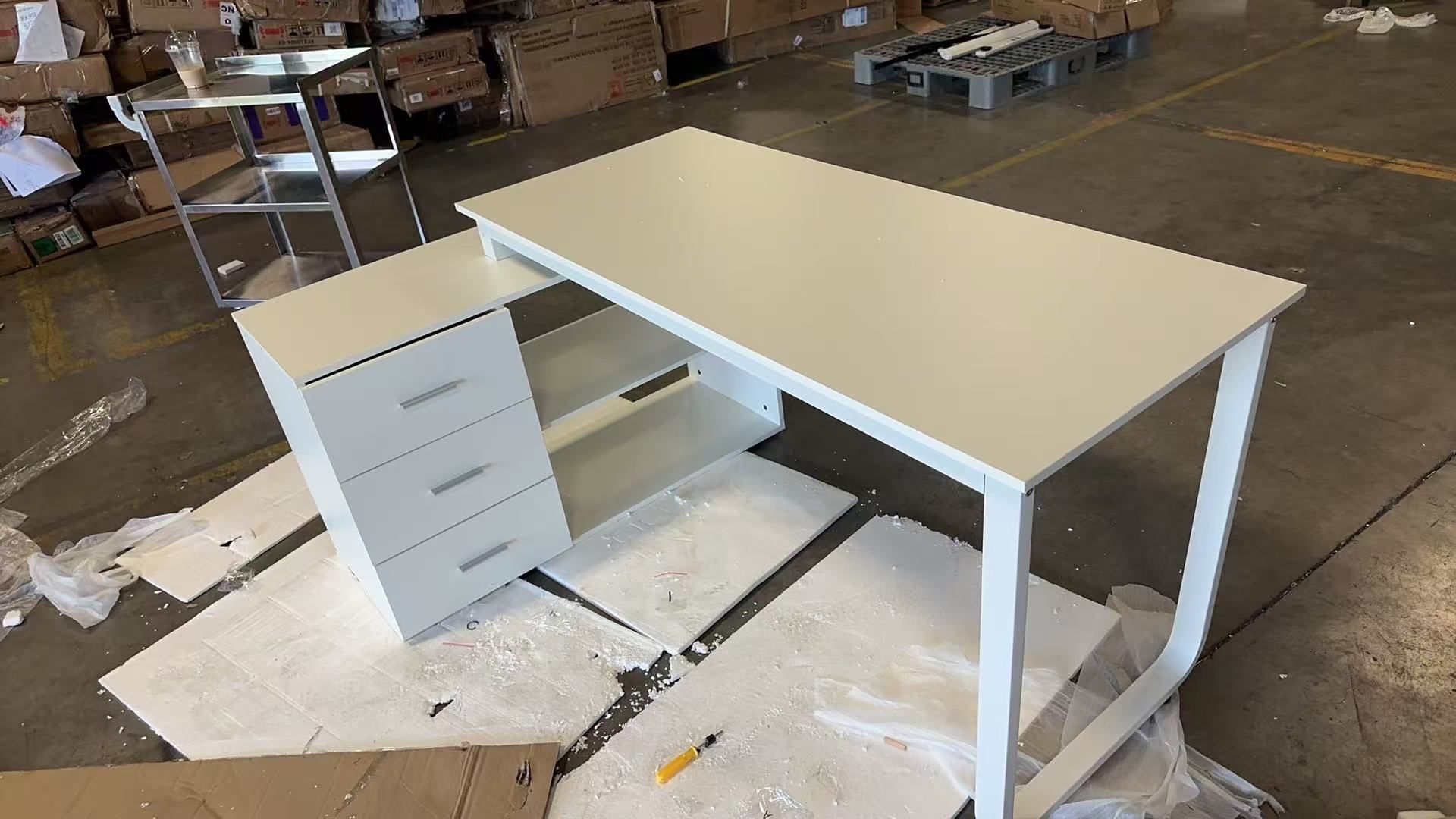 L-Shaped White Wood Writing Desk 