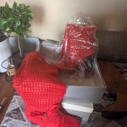 Nancy Li Red Boots W/ Gold Bling 