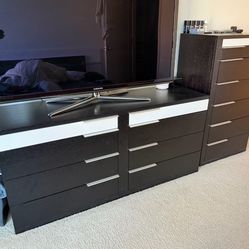 Modern Black Dresser Set, 6 Drawer Dresser + Tall Chest of Drawers Bedroom Storage