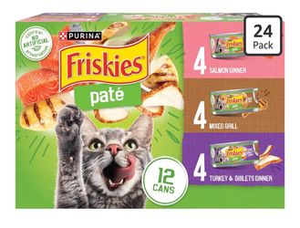 Purina Friskies Wet Cat Food Pate Variety Pack Salmon Dinner, Turkey and Giblets Dinner and Mixed Grill - (2 Packs of 12) 5.5 oz. Cans