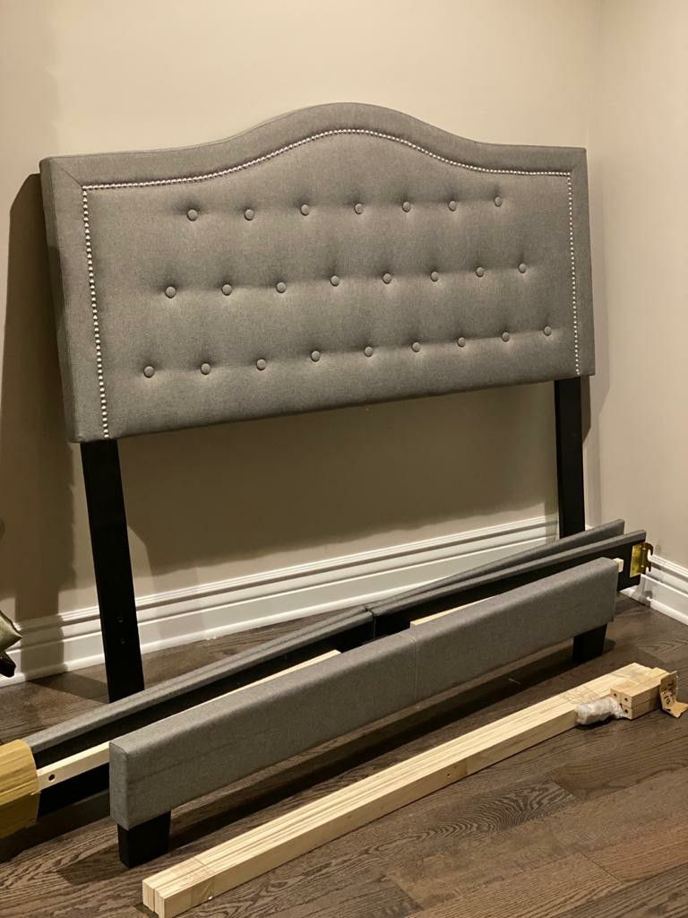 Full size Upholstered Bed, Gray linen - headboard, footboard, and frame.