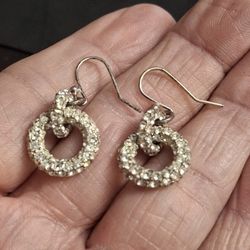French Hook Silvertone Back Encrusted Crystal Stones On Interlocking Double Circle Dangle Earrings 