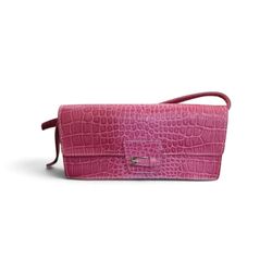 Pink Croc-Embossed Leather Shoulder Clutch