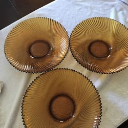 Vintage French Amber Swirl Sawtooth Ribbed Glass Bowl, Made in France