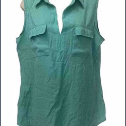 Adult Women Large Turquoise Teal Aqua Sleeveless Shirt Blouse Collar V-cut Neckline 
