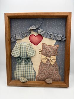 Vintage 1980s Valorie Sockwell Folk Art Applique Framed Dog Cat Art Signed