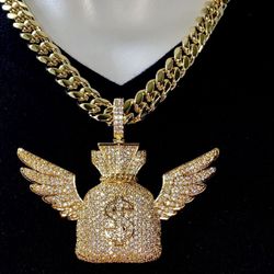 Men’s 14k Gold 5X Layered Iced Money Bag Pendant, 14k Layered With 8mm Stainless Steel Miami Cuban Chain 16”-24” Inches Chain and Pendant Set