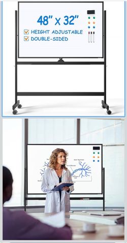 Large Rolling Whiteboard - Dry Erase Magnetic 48 x 32 Inches White Board Height Adjust Double Sides Mobile Portable Easel on Wheels, Dry Erase Board w