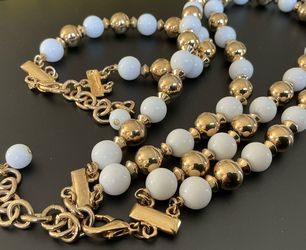 Two Strands White & Goldtone Beaded Necklace