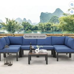 New Steel Sofa Set Outdoor Furniture with Navy Blue Cushions