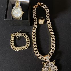 Hip-Hop Tiger Head Pendant + Cuban Chain+ Bracelet, Watch And Ring
