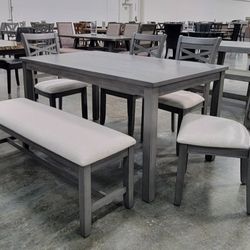 ✅️✅️ 6 pc grey finish wood dining table set padded seat chairs and bench ✅️