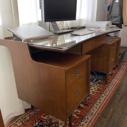 Mid Century Modern Vintage Antique Solid Teak Desk Glass Protective Top