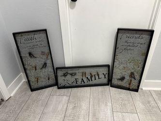 Set of 3 Wall Picture(s) Decor Black Frame with Galvanized backing Friends..FaIth.. (2 are 27” x 12”) and Family.. ( 1 is 10” x 24”) selling as a set 