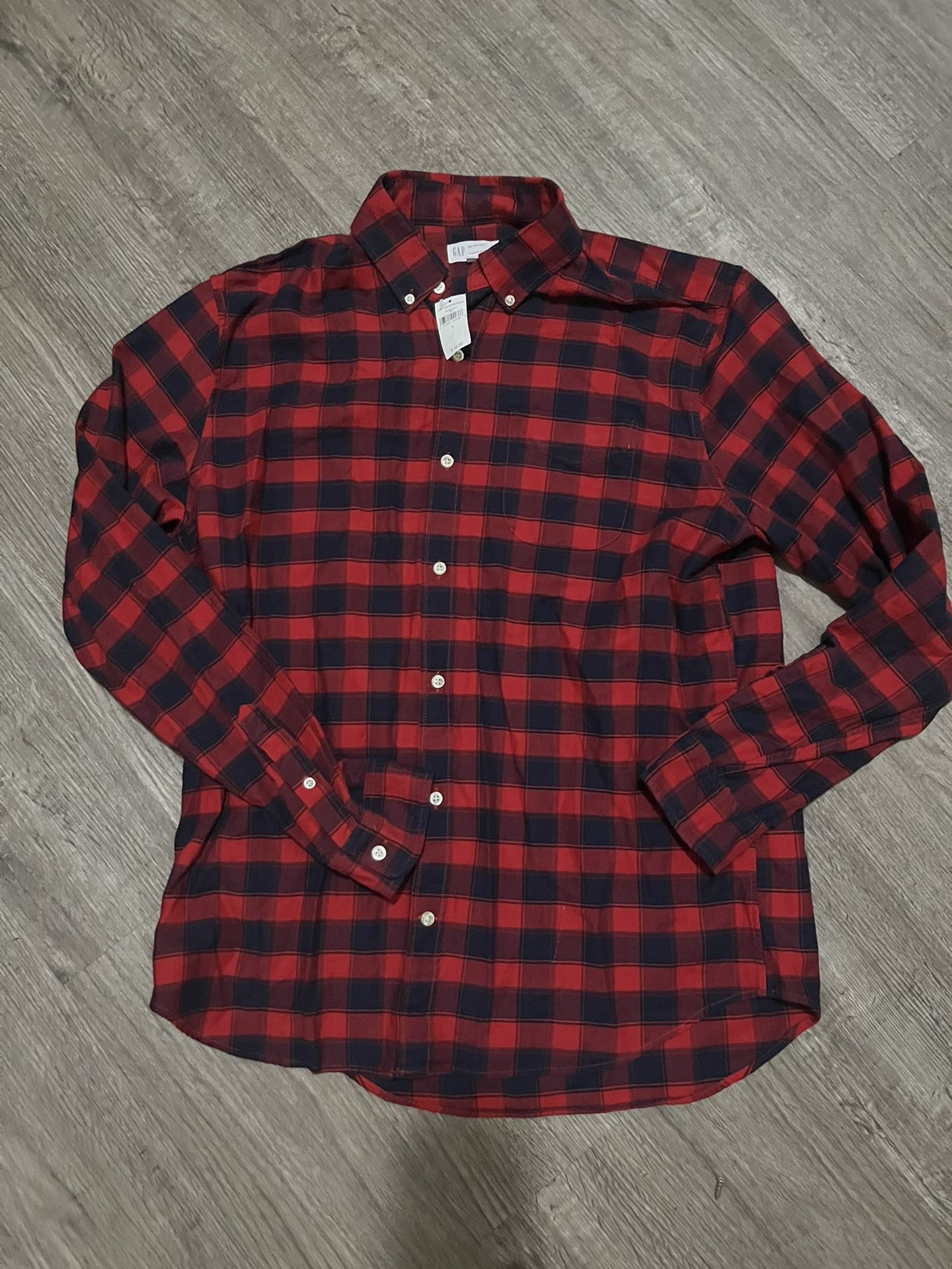 New Gap Button Up Shirt Men Large Red Flannel Check Long Sleeve Plaid Stretch Pocket