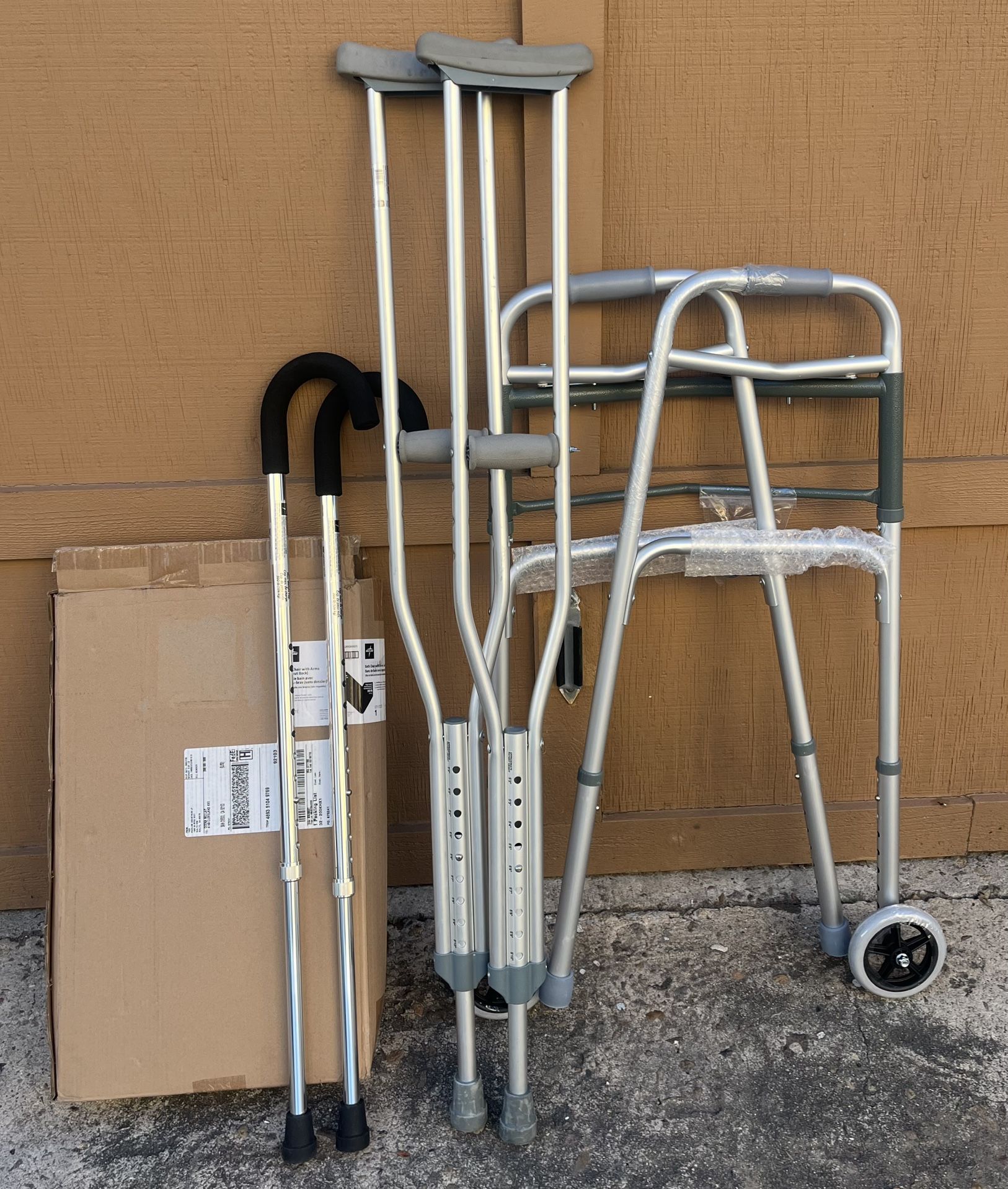 NEW SHOWER CHAIR WALKER CANE AND CRUTCHES