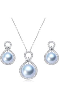 Pearl Necklace and Earrings Set, Blue set of 3 piezas plata s925