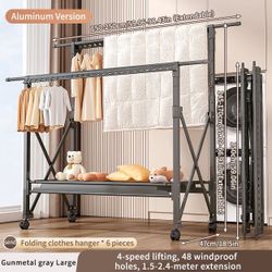 Heavy Duty Foldable Clothes Drying Rack with Wheels, Adjustable Height & Length Portable Laundry Garment Rack
