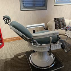 1920's THEO A. KOCHS Barber Chair - White & Turquoise