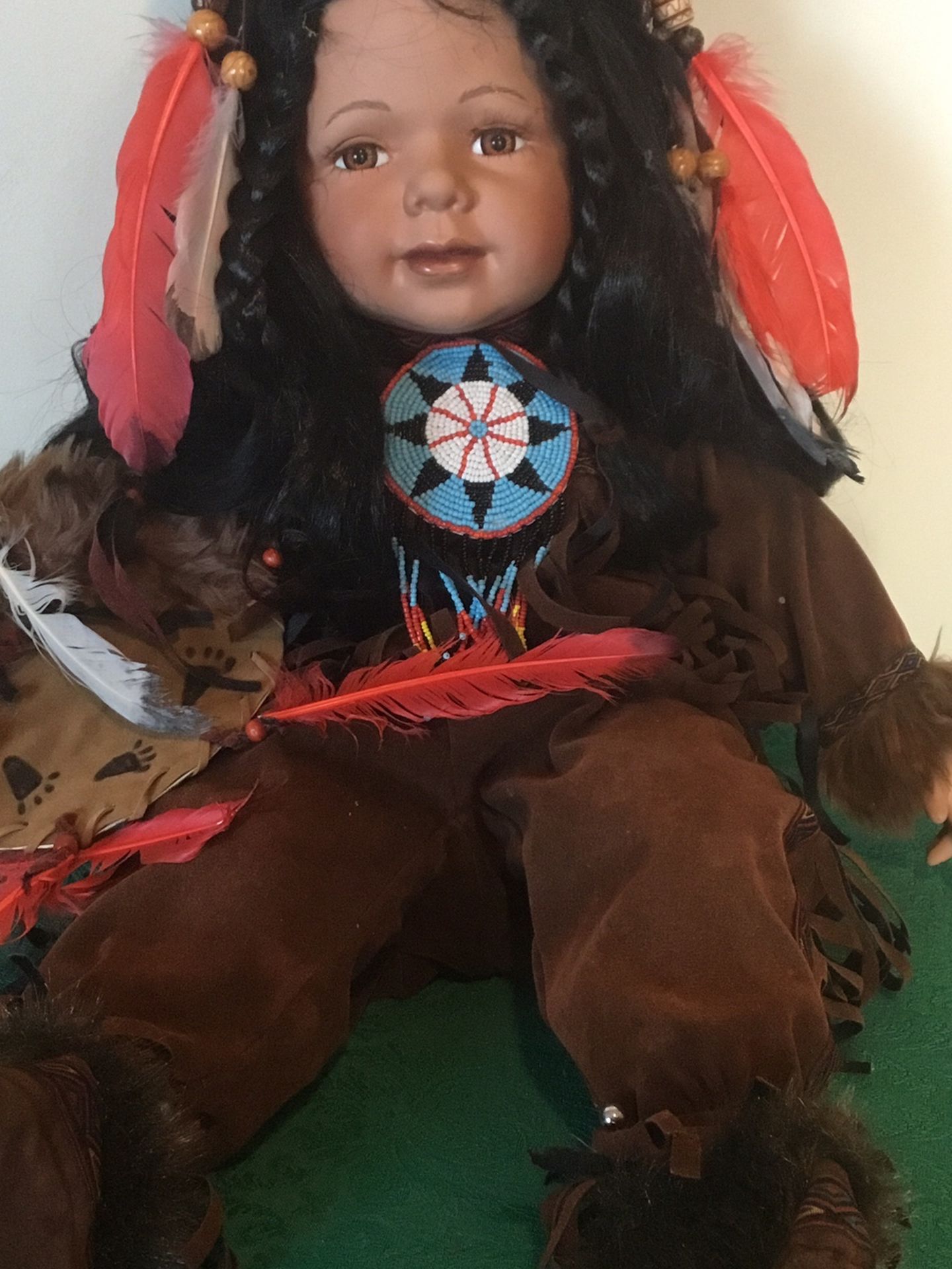 Collectible doll large native child porcelain face and hands suede 24” Beading