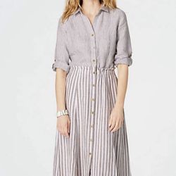 The J.JILL Love 100% Linen Striped Tan/White Button Front Long Dress. Medium