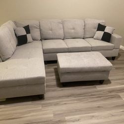 Light Grey White Sectional Sofa Set W/ Ottoman (Left Chaise) 🔥ON SALE🔥 