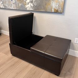 47” Espresso Brown Split-Top Tufted Ottoman- Faux Leather Storage Ottoman w/ Hydraulic Dual Lift
